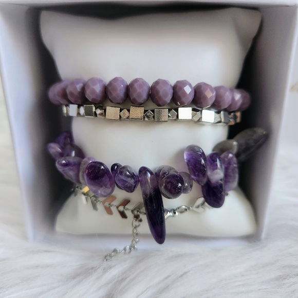 NWT Bella Fizz 'Purple Rain' Amethyst & Silver Bella Bundle Bracelet Set of 4 - Picture 3 of 11